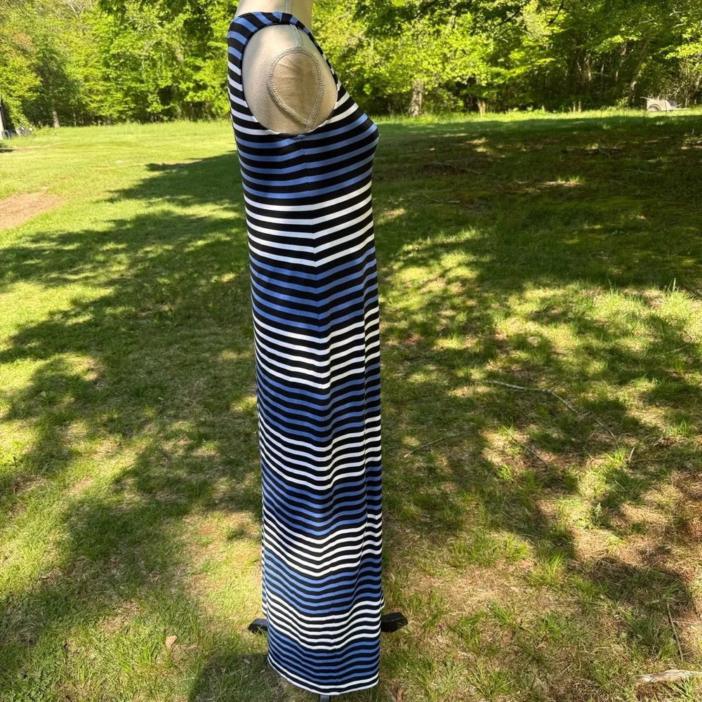 SARA CAMPBELL DRESS MAXI BLACK WHITE BLUE STRIPES SLEEVELESS USA SIZE S